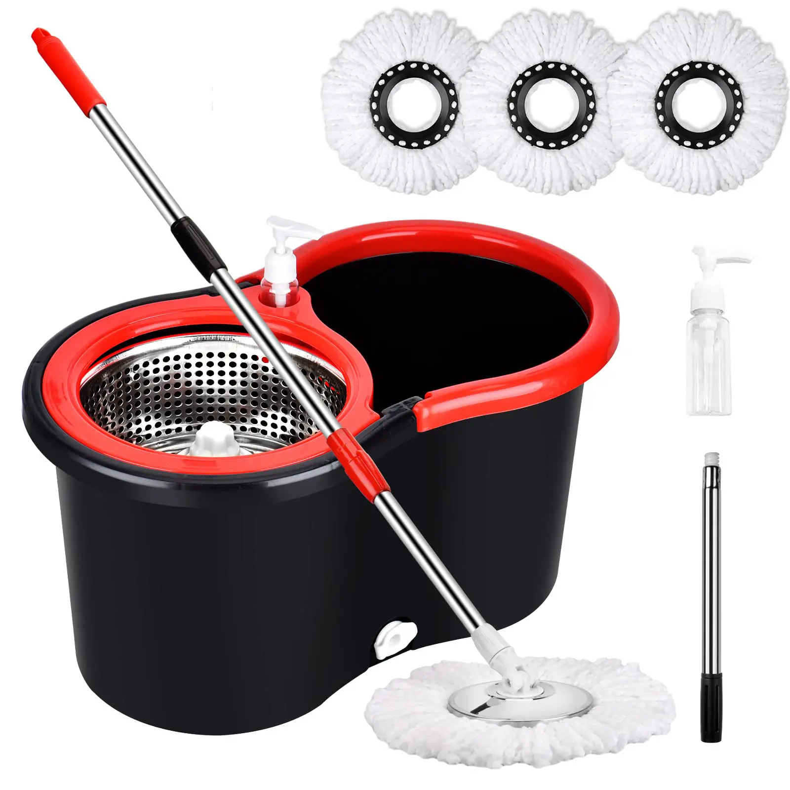 Mop Bucket with Wringer Set, 360 Rotation Mop Bucket Systerm for Floor Cleaning with 3 Microfiber Mop Head for Office and Home Use, Black (20QT)