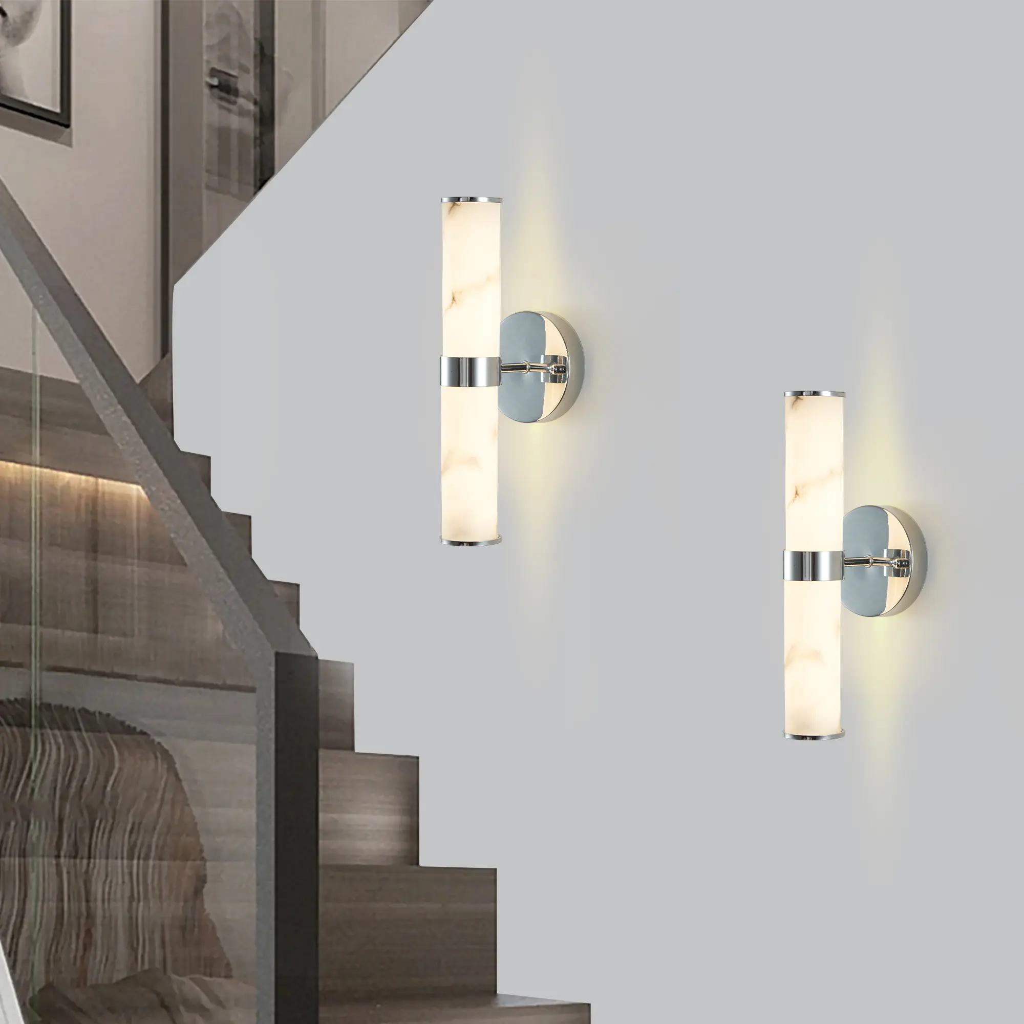 YYDS Resin Imitation ‌Durable Marble and Chrome Wall Sconce, Set of 2,Modern Vertical Light Fixture for Bathrooms, Hallways, and Bedrooms (Only Indoor)