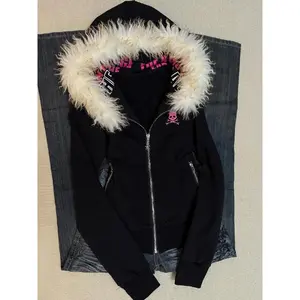 American Retro Long Sleeve Jacket Women Punk Style Streetwear Faux Fur Collar Hooded Coat Zipper Letter Print 2025 Autumn