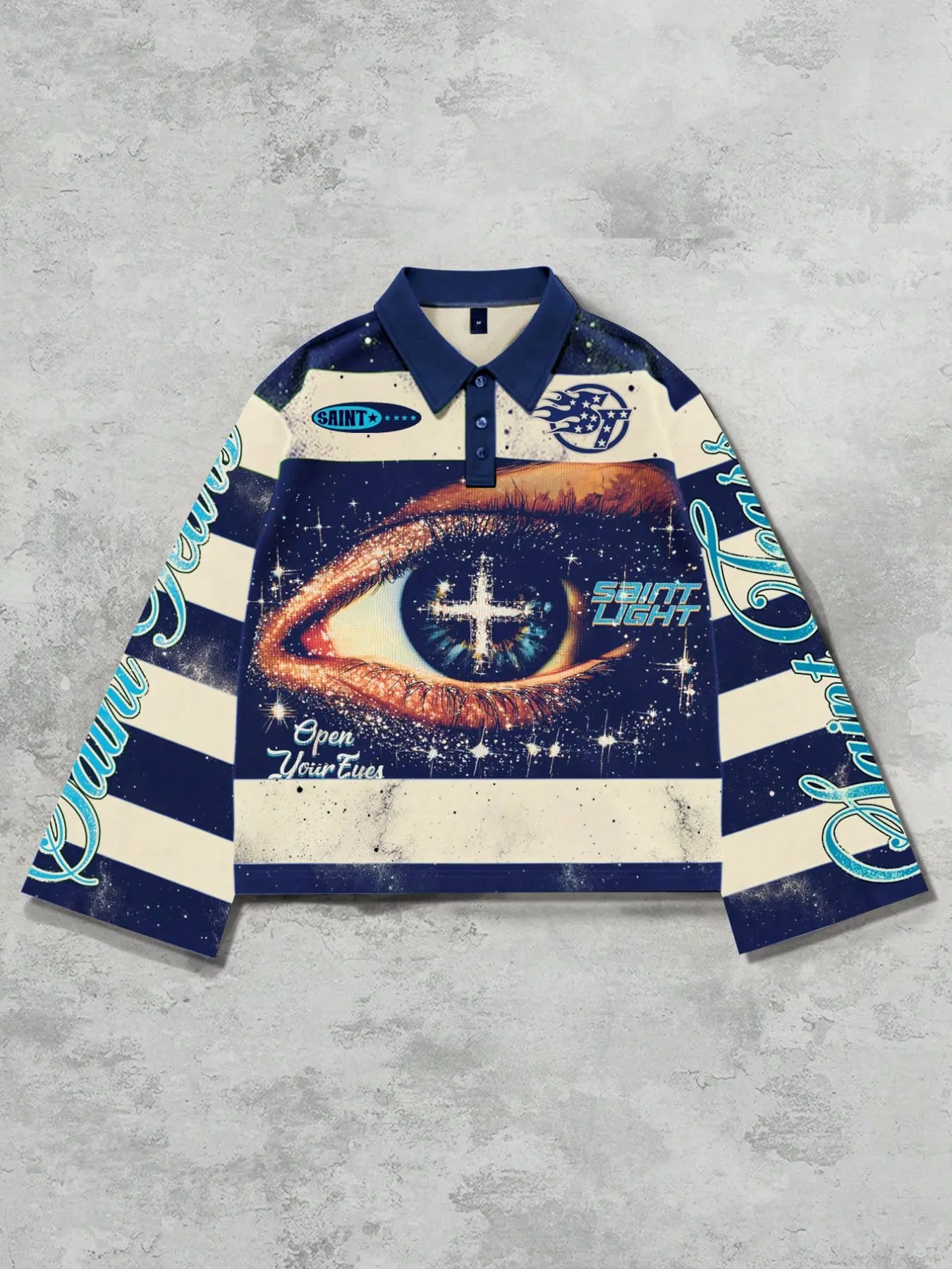 Eye starry sky striped Polo collar long sleeved T-shirt, flared sleeves with eye print stripes POLO shirt long sleeved casual, Trendy casual T-shirt suitable for men and women Striped Polo Shirts