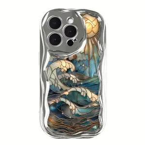 Customized Stylish Phone Cases for iPhone 17, 16, 15/14/13/12/11, Creative Wave Design with Plated Finish, 1-Piece TPU Construction for Camera Lens Protection & Shock Resistance
