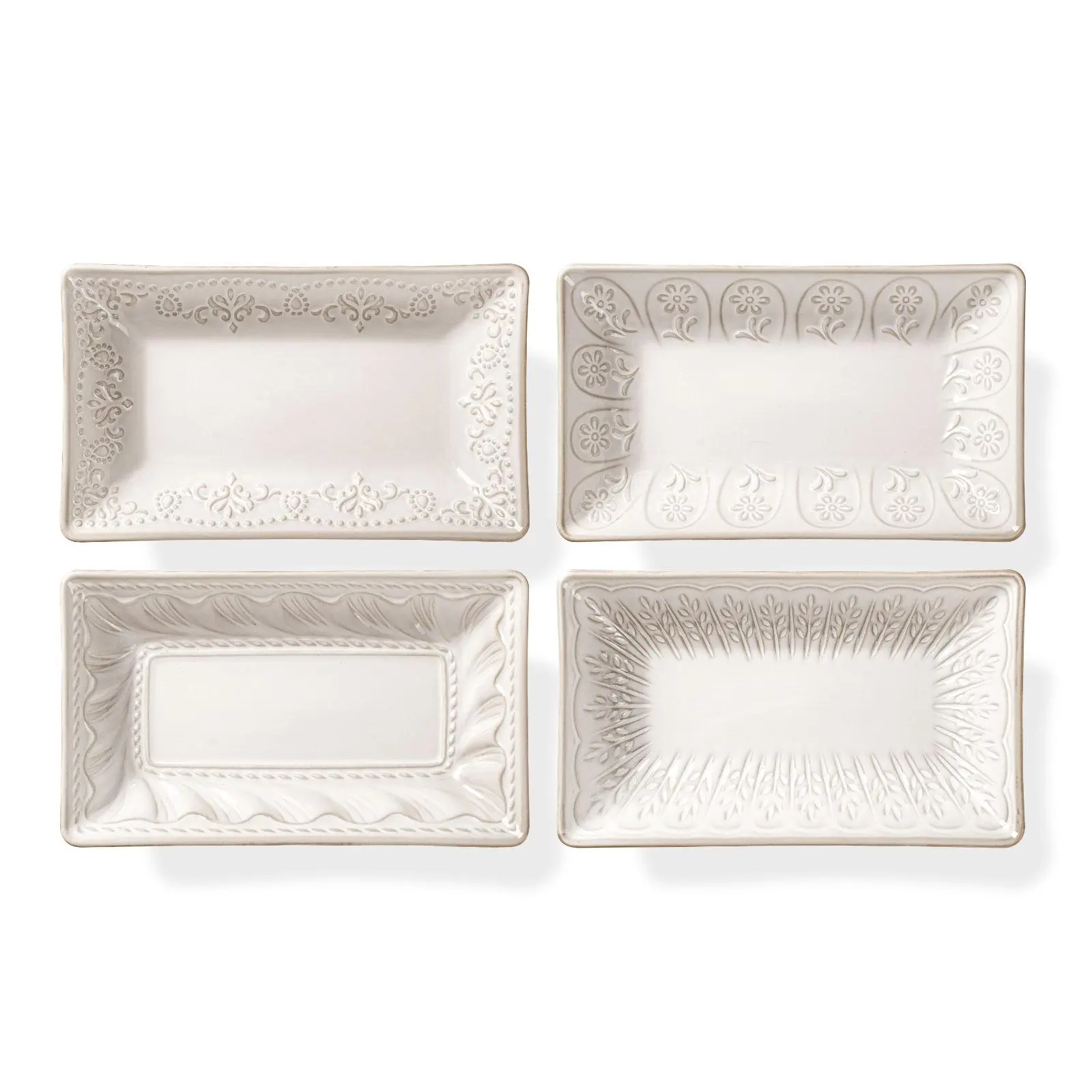 Artisanal 4-Pc 8.25in Rectangular Glossy Ceramic Dinner Plates Set, Textured Rim, Multiple Patterns, Oven & Microwave Safe, Salad Serving Plates