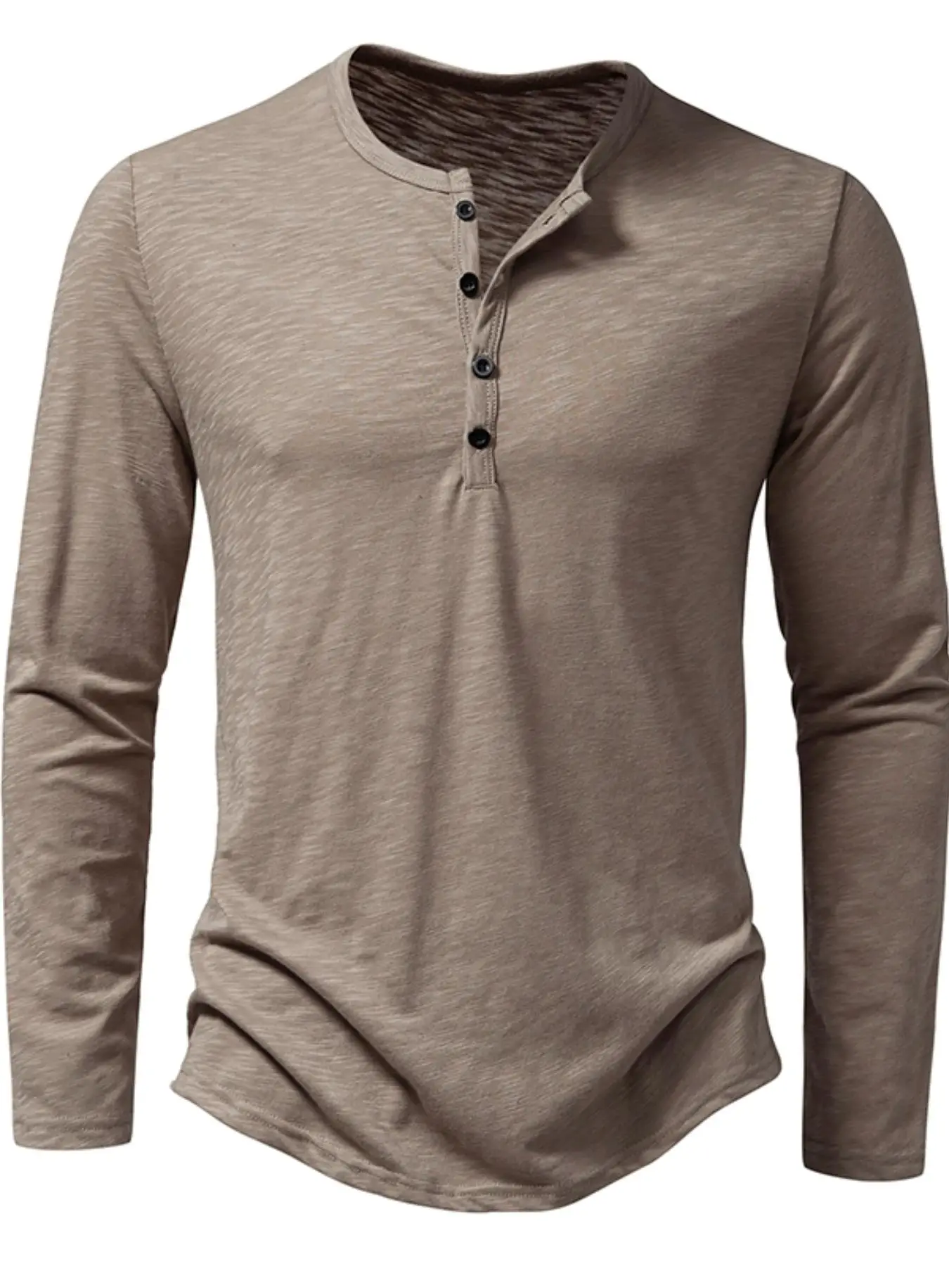 Men's Button Front Round Neck Henry Tee, Regular Fit Solid Long Sleeve T-shirt for Daily Wear, Casual Soft Comfy Top for All Seasons, Fall Clothes 202