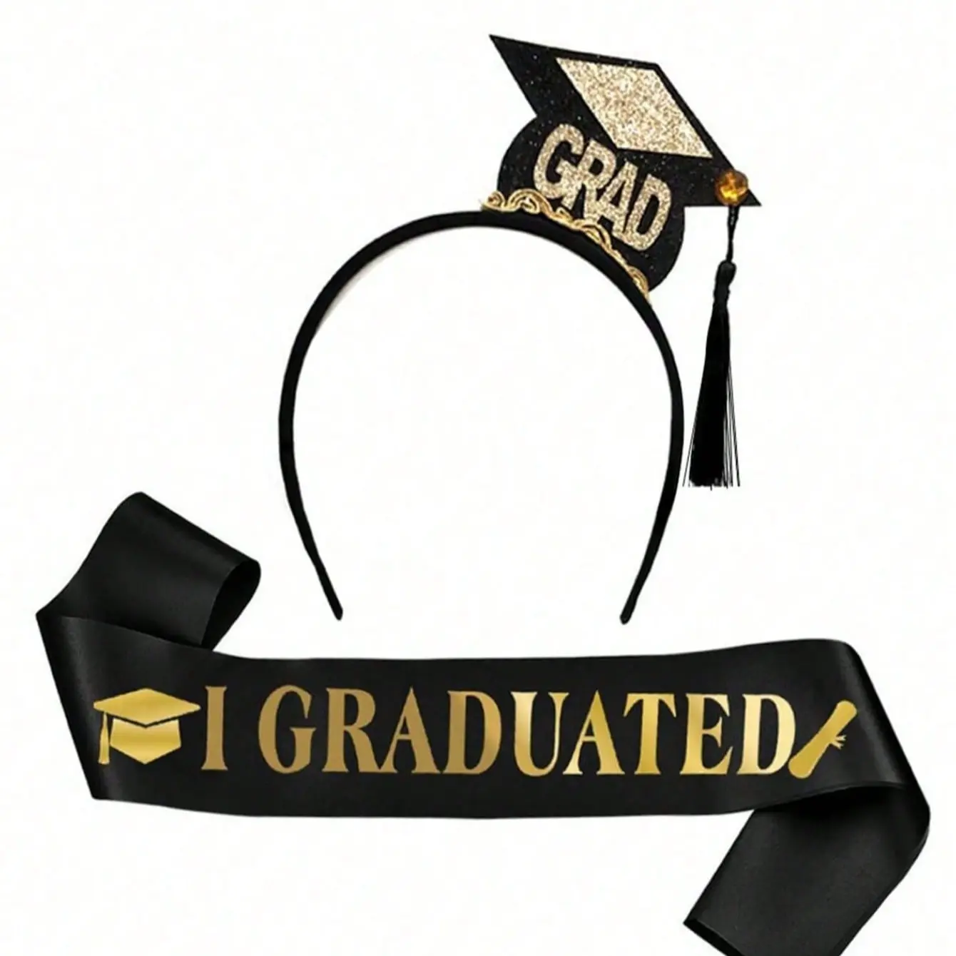 2PCS/set Graduation Shoulder Strap & Headband, Party Decoration, Party Event Props, Party Accessory, Grad Photo Props, Bachelor Cap, Doctoral Hat, Black Sash, Satin Tassels, Tiaras For Grad Party Supplies & Dress Up Favor