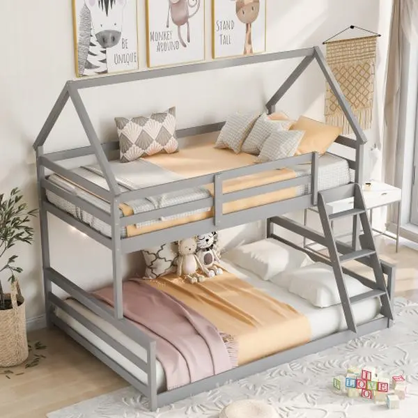 【Bellemave】Twin over Full  Low Bunk Bed, House Bed with Ladder , Gray(OLD SKU:WF 197808 AAE)