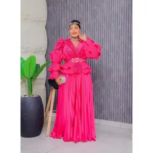 Dramatic Ruffle Sleeve Peplum Sequin Top & Pleated Maxi Skirt 2-Piece Set Outfit for Wedding Guest Holiday Christmas Cocktail Dinner Gala Photoshoot Gala Anniversary Mother of The Bride or Groom Women's Plus Size Suit Red Pink
