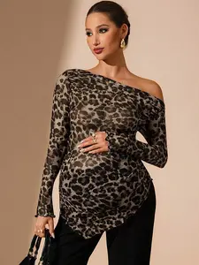 MaterniChic Elegant Maternity Leopard Print Oblique Shoulder Fitted Long Sleeve T-Shirt, Autumn