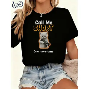 100% Cotton, Dark Gray Graphic T-shirt, Funny Cat With Gun Print, Call Me Short One More Time Letter Print Tee, Casual Short Sleeve Crewneck Top, Humorous Meme Design, Soft Breathable Fabric, Comfortable Summer Apparel, Gift for Cat Lovers