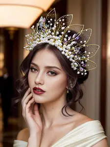 Faux Pearl & Rhinestone Decorated Crown Tiara Headpiece, Elegant Leaf Design Bridal Headwear for Wedding Bridal Party Formal Occasions, Fashion Hair Accessories for Women