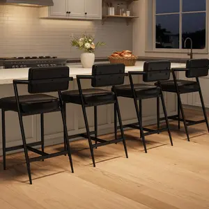 Garvee Set of 4 Rustic Black Counter Height Bar Stools with Armrests, Backrests, Footrests, Thick Cushions, and Reinforced Metal Legs for Kitchen, Island, and Counter Use