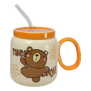 Whimsical Brown Bear Anime 16oz Orange Ceramic Mug Cup With Lid And Glass Straw