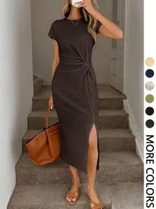 Elegant Waist Twist High Slit Short Sleeve Round Neck Midi Summer Dress, Casual Textured Bodycon Dress (Available in Brown, Black, Green, Apricot), Women's Dress Suitable for Birthday, Wedding Guest, Office, and Graduation Occasions