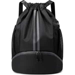 Black Drawstring Gym Bag for Men, Waterproof Drawstring Backpack for Women, Swim Bag with Shoes Compartment, Pull String Sport Bag for Soccer and Basketball.