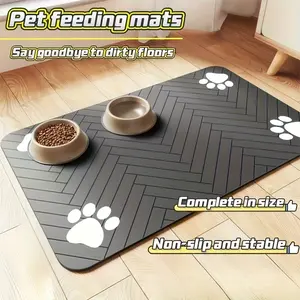 1pc of Quick-Drying, Splash-Resistant, Absorbent Mat for Pet Feeding Bowl Made from Diatomaceous Earth. It'S Easy to Clean And Suitable for Both Dogs And Cats, Featuring a Herringbone Pattern with Paw Prints in Black, And Is Washable.