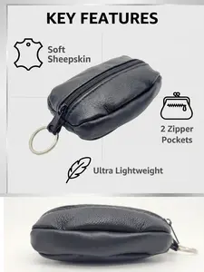 Soft Leather Mini Coin Purse, Genuine Leather Key Holder, Multi-Functional Portable Storage Bag, Dual-Zip Design, Compact and Stylish, Leather Wallets