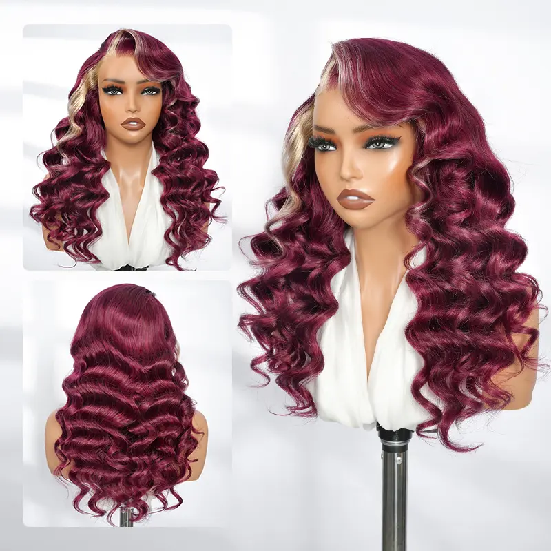 Asteria Hair Burgundy With Blonde Highlight Color Glueless Pre Cut Pre-Styled 13×4 Lace Front Wigs Side Part Layered Body Wave Human Hair Wigs Beginner Friendly