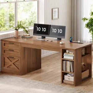 Sedeta 55.1-Inch Modern Farmhouse Office Desk - Rectangular Laptop Desk with 3 Wooden Drawers, Shelves, Power Outlet, Easy Setup Home Office Workstation