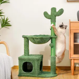 Cactus Cat Tree 40" Cat Tower with Large Metal Carpet Hammock, Cat Scratching Post for Indoor Cats with Condo& Dangling Ball, Green cat tree