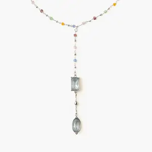 en route Celestial Lariat Necklace in Silver, Colorful Stones with Lariat Design, Versatile Jewelry for Layering, Daily Wear or Chic Evening Looks
