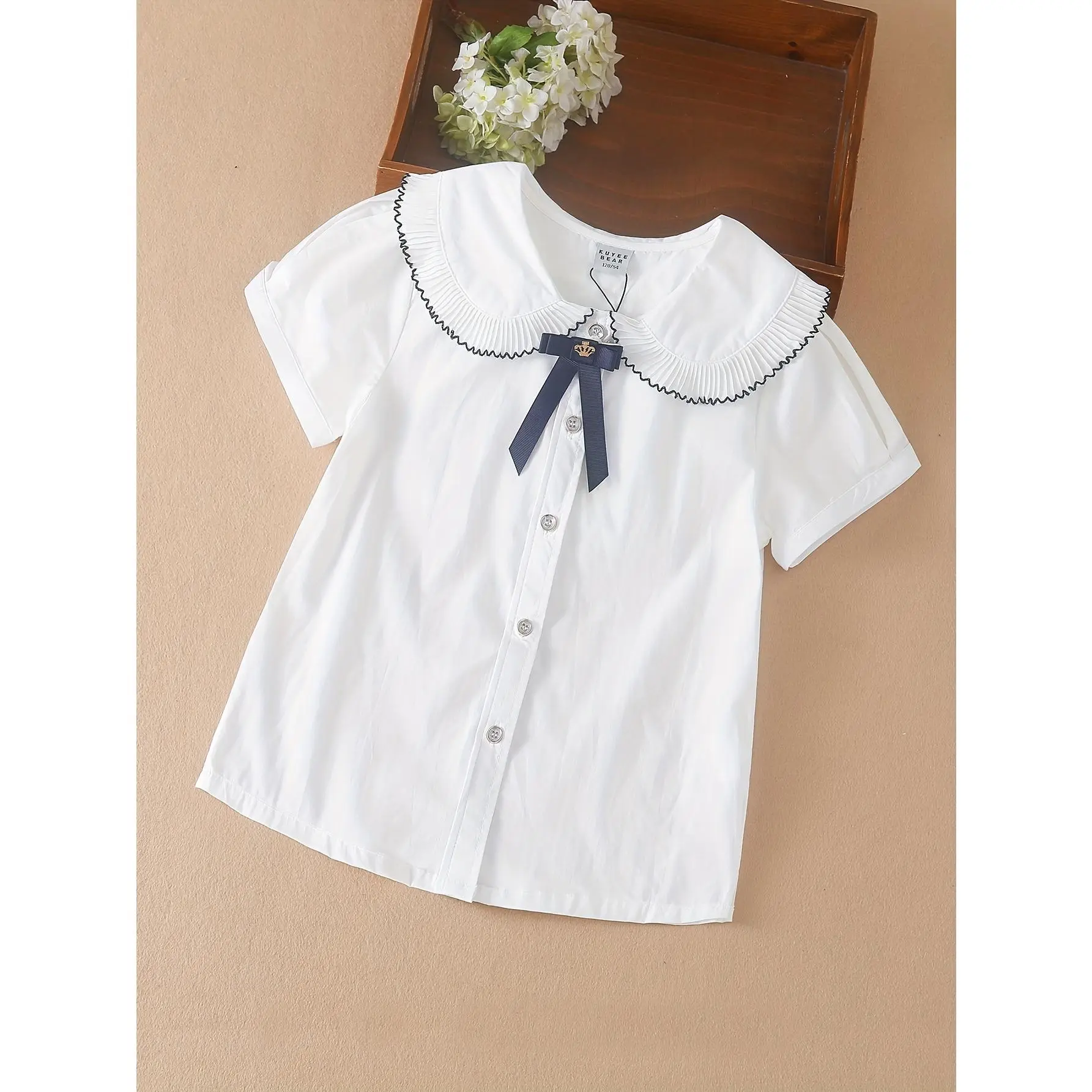 Girls' White Thin Summer Shirt, Children's Girl's Academic Style Top, Medium to Large Kids' Stylish Short-Sleeve Blouse