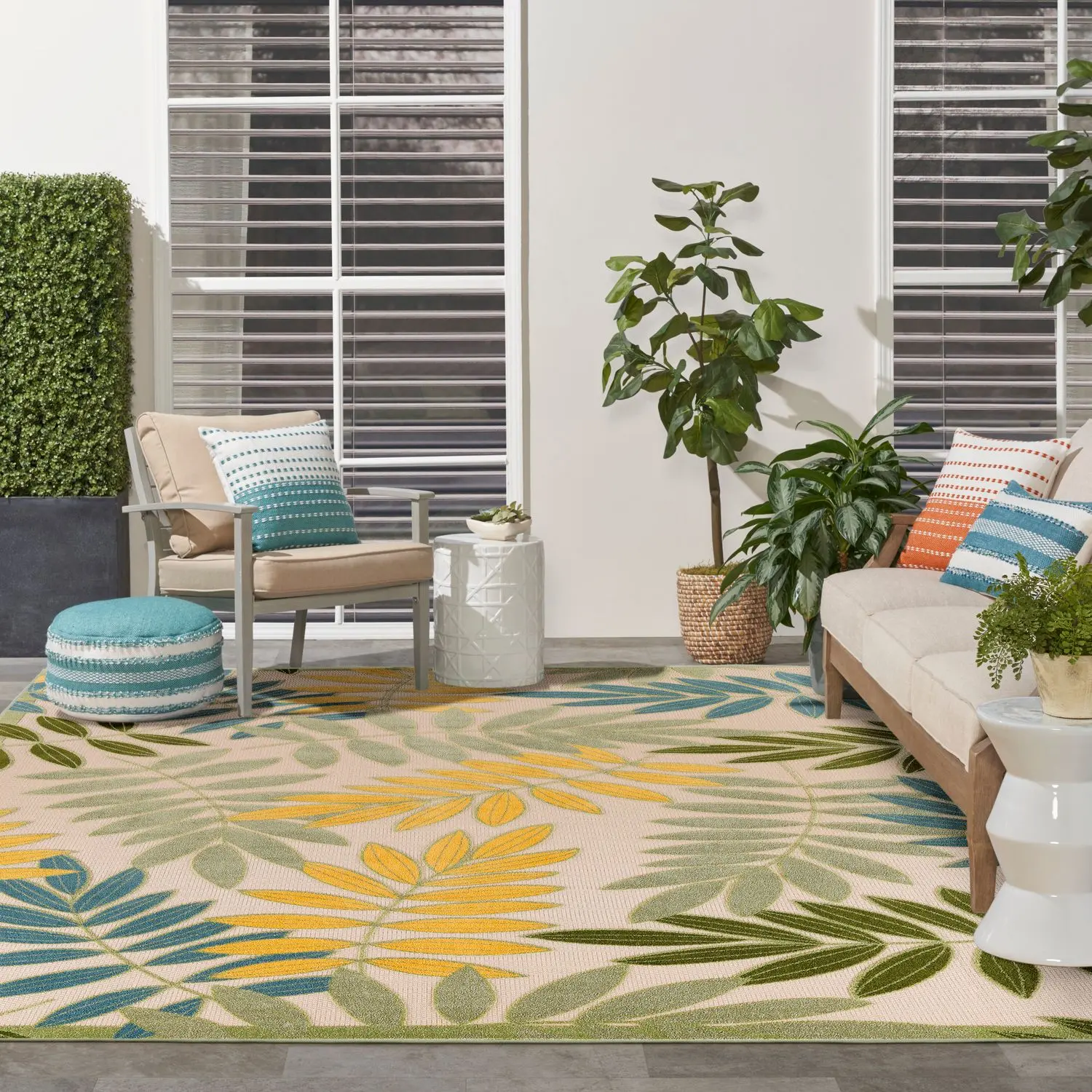 Nourison Aloha Floral Mat - Boho Washable, Stain-Resistant Modern Floor Rug, Tropical Vibes Flatweave Leaf Print Indoor-Outdoor Home Decor Rug for Busy Use
