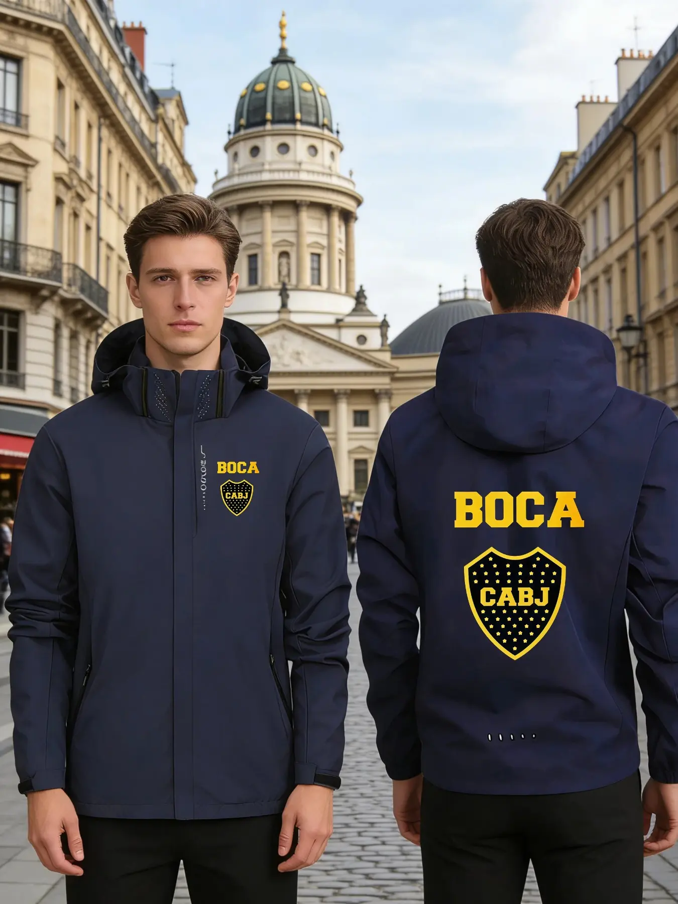 Men's Street Style Boca Print Hooded Jacket, Spring & Fall New Premium Zipper Pocket Outerwear, Casual Fashion Outdoor Sports Jacket