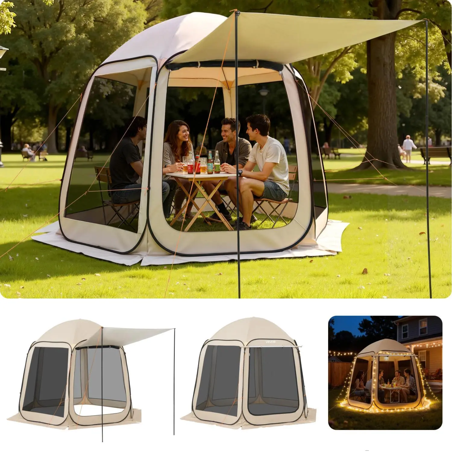 【SummerFinds】VEVOR Screen House Tent, 10 x 9.2 ft, 4-8 Person Pop Up Screen Tent with Extended Awning, Portable Screened in Canopy with Carry Bag, Netting Sides, for Patio, Backyard, and Outdoor Activities, Beige