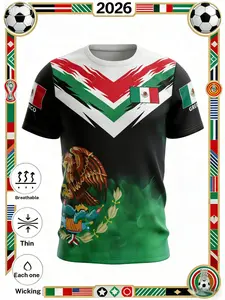 Unisex Mexico Flag Eagle Print T-Shirt, 3D Colorblock V-Neck Football Fan Top, Quick-Dry Sports Short Sleeve, Fitted Style