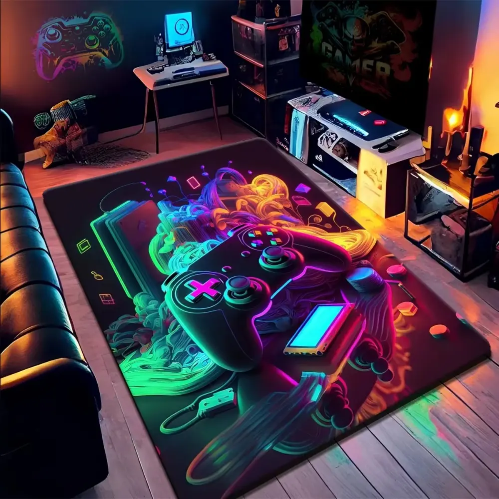 Neon Game Controller & Console Flannel Area Rug, Cool Theme Rug, Gaming Rugs, Fluffy Rugs, Decorative Rugs - Oversized Soft Plush Mat for Gaming Room & Bedroom, Non-Slip Thick Video Game Pattern Home Decor for Gamer Enthusiasts