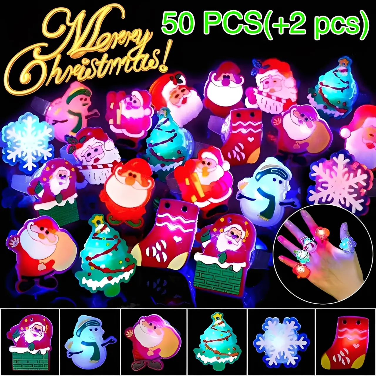 50Pcs+2pcs Christmas Light Up Rings Party Favors Luminous Flash Finger LED Ring Blinking Jelly Rubber Ring for Kids Adults Christmas Gifts Plastic Spooky