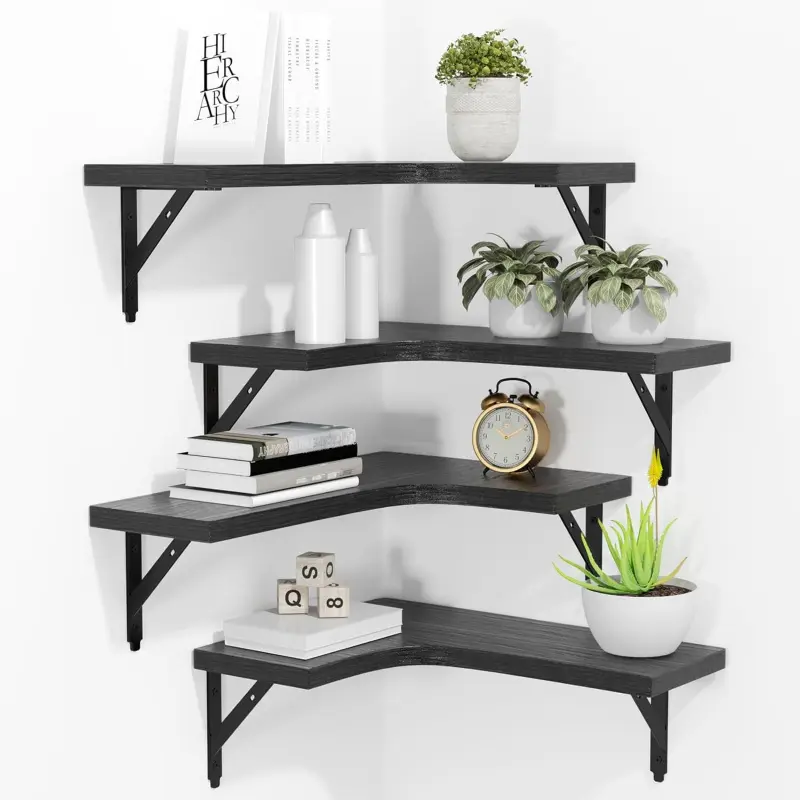 Set of 4 Corner Shelves Wall Mounted for Storage, Black Wood Hanging Shelves for Display, Easy Install for Bathroom Kitchen Bedroom Living Room, Corner Wall Shelf, Wooden Wall Shelf, Wall Mount Organizer, Shelfs for wall