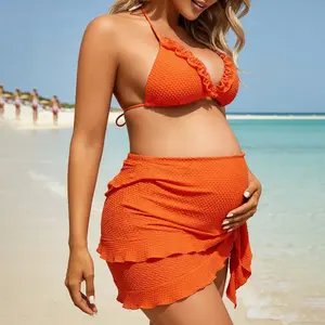 Maternity Swimsuit High Waisted 3 Pieces Bikini Set Pregnancy Bathing Suit Solid Color Padded Bra Shorts Sarongs Skirts Swimwear