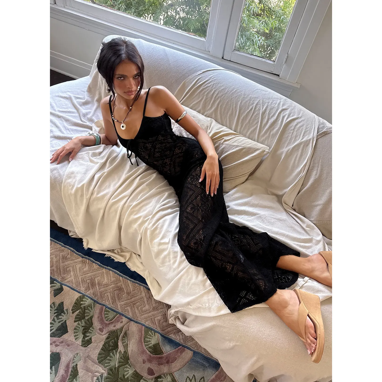 Eminent Crochet Low Back Maxi Dress Black