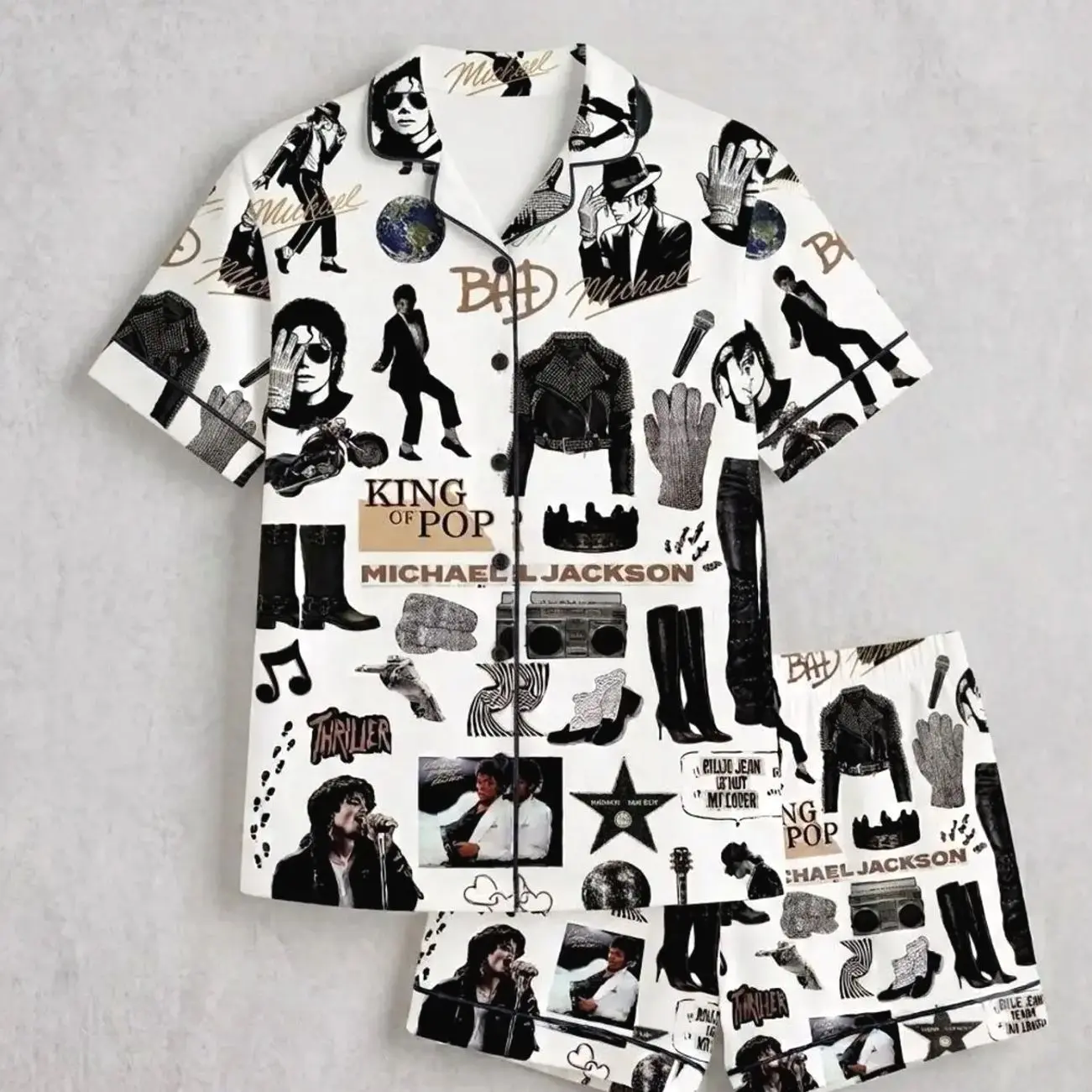 Michael Jackson Pajama Set Thriller Happy Halloween Short Sleeve Loungewear Comfy Casual Nightwear King Of Pop