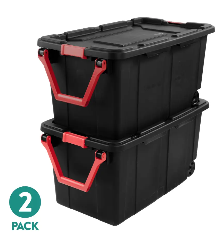 Sterilite 40 Gal Extra-Large Wheeled Industrial Storage Bins, 2-Pack Durable Plastic Totes with Latching Lids, Pull Handles, Home Organizer Supplies (Black)
