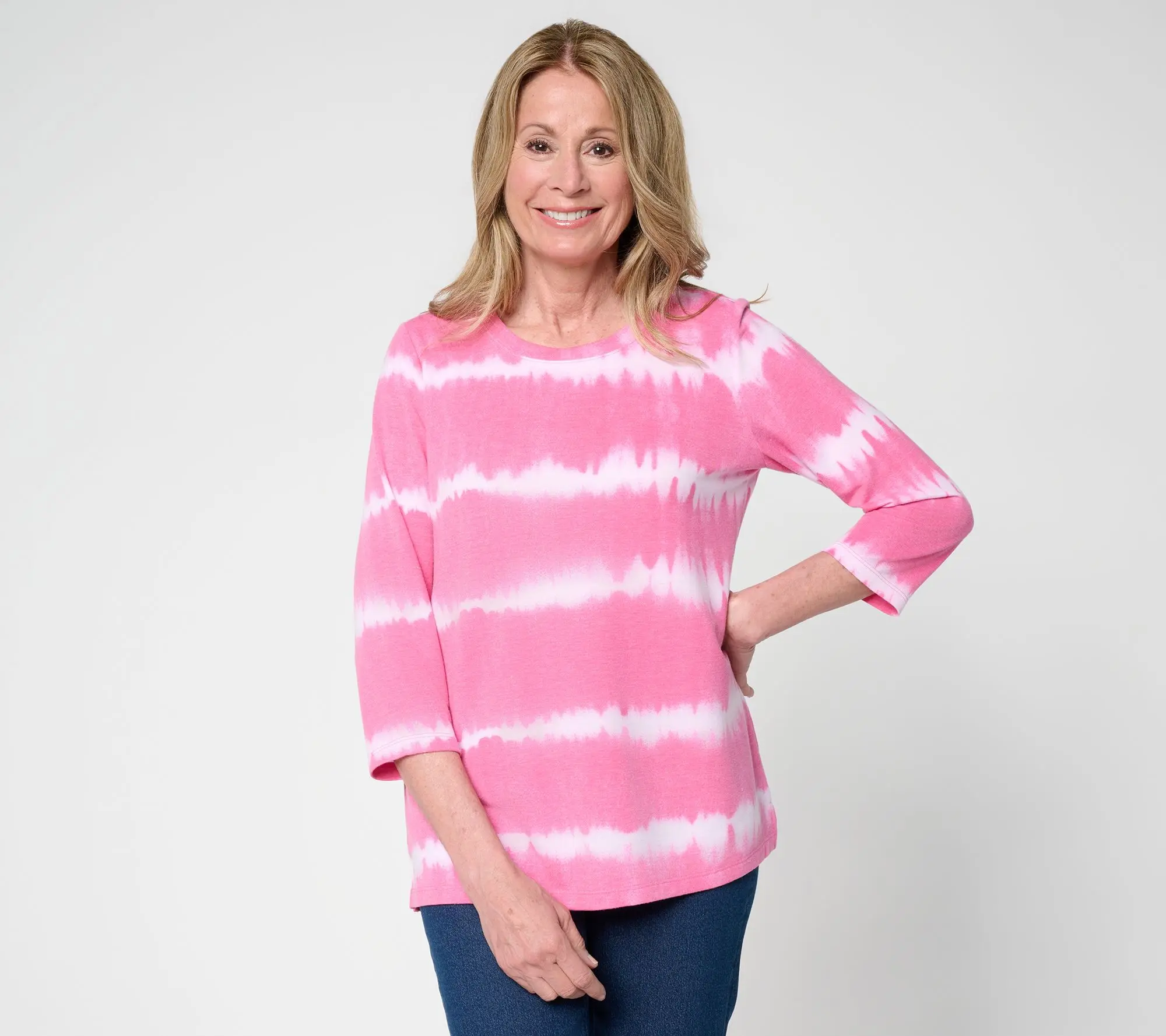 Denim & Co. Petite Soft Blend Tie Dye Stripe Printed Top