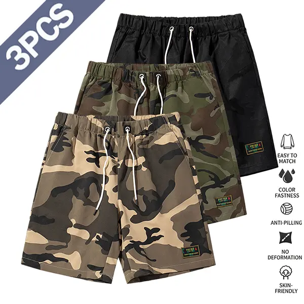 3pcs Men’s Camouflage Sports Cargo Shorts — multi-pocket design, drawstring breathable shorts; casual street style, suitable for everyday wear and pairing with urban outfits.