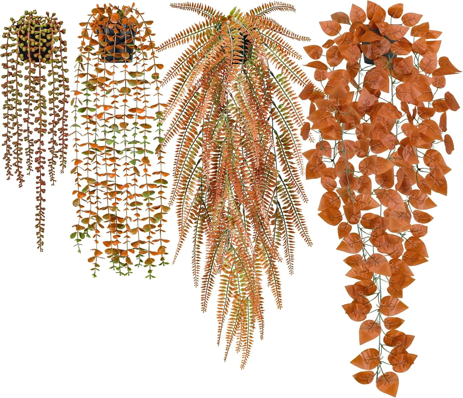Der Rose 4Pcs Assorted Bits Artificial Plants Decoration - Hyperrealism Plastic Fake Fall Hanging Leaves, Orange Eucalyptus, Boston Fern, Pothos, String of Pearls, Waterproof, Multi-Size, UV-Fade Resistant, for Balcony, Study, Bathroom Table Centerpiece,,