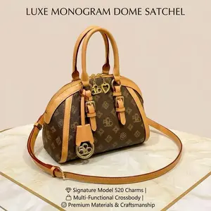 Women's Luxe Monogram Dome Satchel with Signature 520 Charms, Elegant Top-Handle Crossbody Handbag