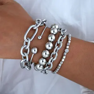 Vintage 5-Piece Set of Bold Minimalist Coin Pattern Layered Chunky Chain and Beaded Bracelets, Minimalist Chain Bangles, Perfect for Dates, Vacations, Casual Wear and Gifts for Women Chunky Cuff Bracelet Stackable Gold Bangles Bracelet for Women Trendy Fa