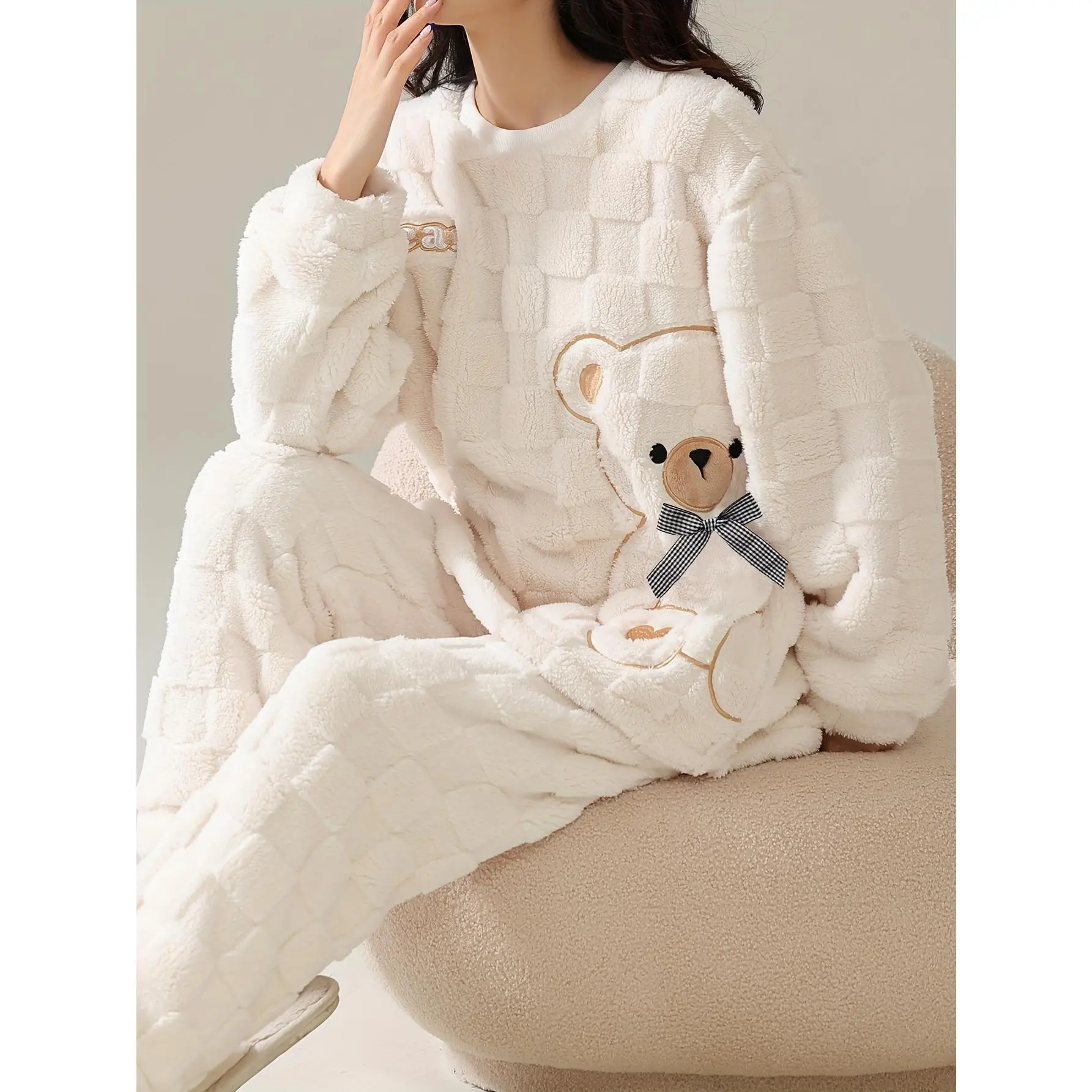 Women's Pajama Set, 2-Piece Casual Teddy Bear Loungewear, Thick Flannel Long Sleeve Pullover and Pants for Fall/Winter