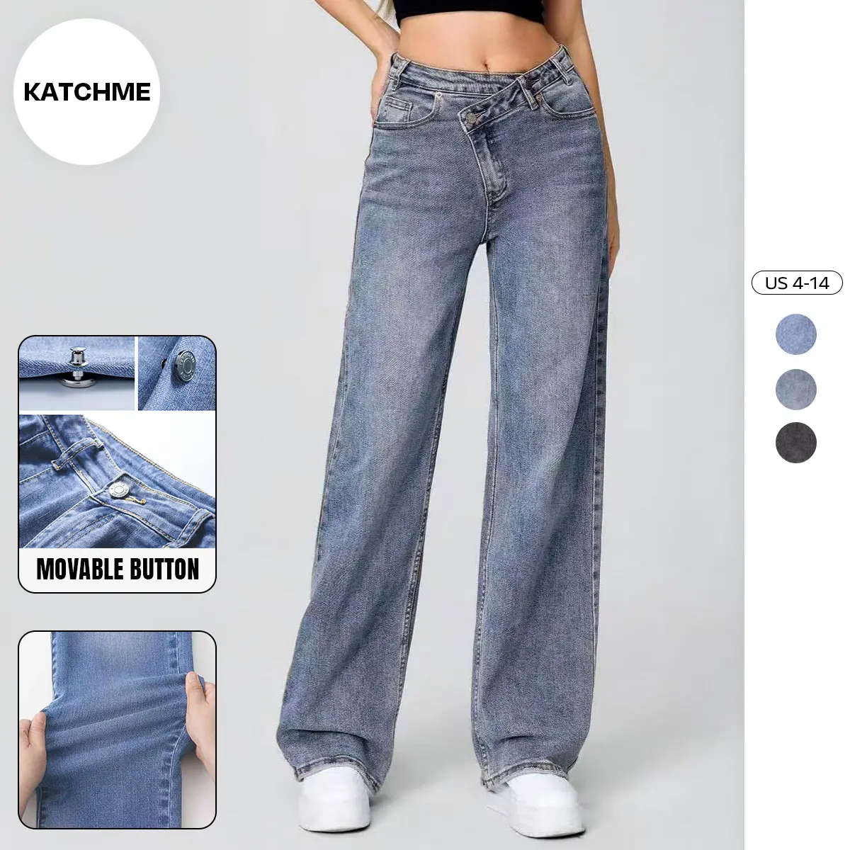 KatchMe Women's Street Chic High Waist Multi-Pocket Baggy Denim Wide Leg Jeans, Versatile Streetwear Outfits, Asymmetric Waist Denim Trousers