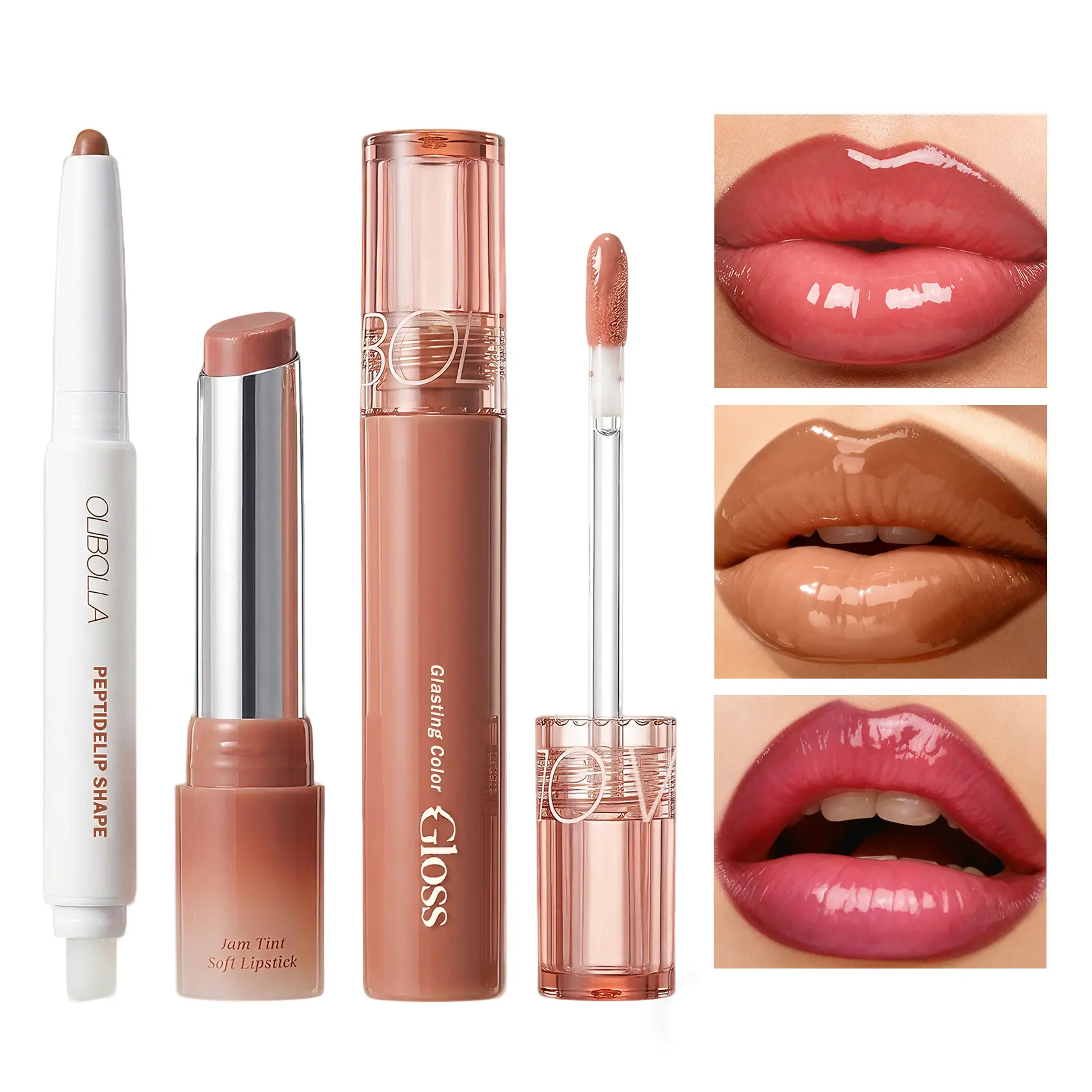 QIUFSSE 3-in-1 Plumping Lip Kit, High-Shine Mirror Gloss & Soft Jam Lipstick, Precise Lip Liner Set, Waterproof Long-Lasting Hydrating Lip Trio, Create Perfect Glass Lips in Seconds