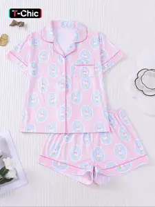 Women's Spring Summer Pyjama Set, Cute Gentleman Duck Print, Casual Comfortable Shirt Collar Short Sleeve Top & Loose Elastic Shorts