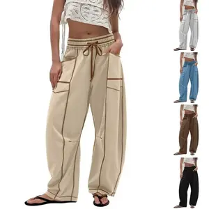 Womens Baggy Barrel Pants Wide Leg Lounge Drawstring Sweatpants with Pockets Womenswear Bottom Women's Loose Capri