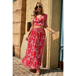 Red Floral Ruffled Crop Top and Maxi Skirt Set