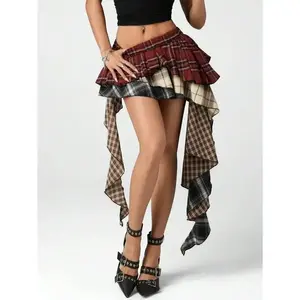 Women’s Asymmetrical Ruffle-Hem Cotton Mini Skirt, Mixed Plaid, Casual Fit, Plus Size