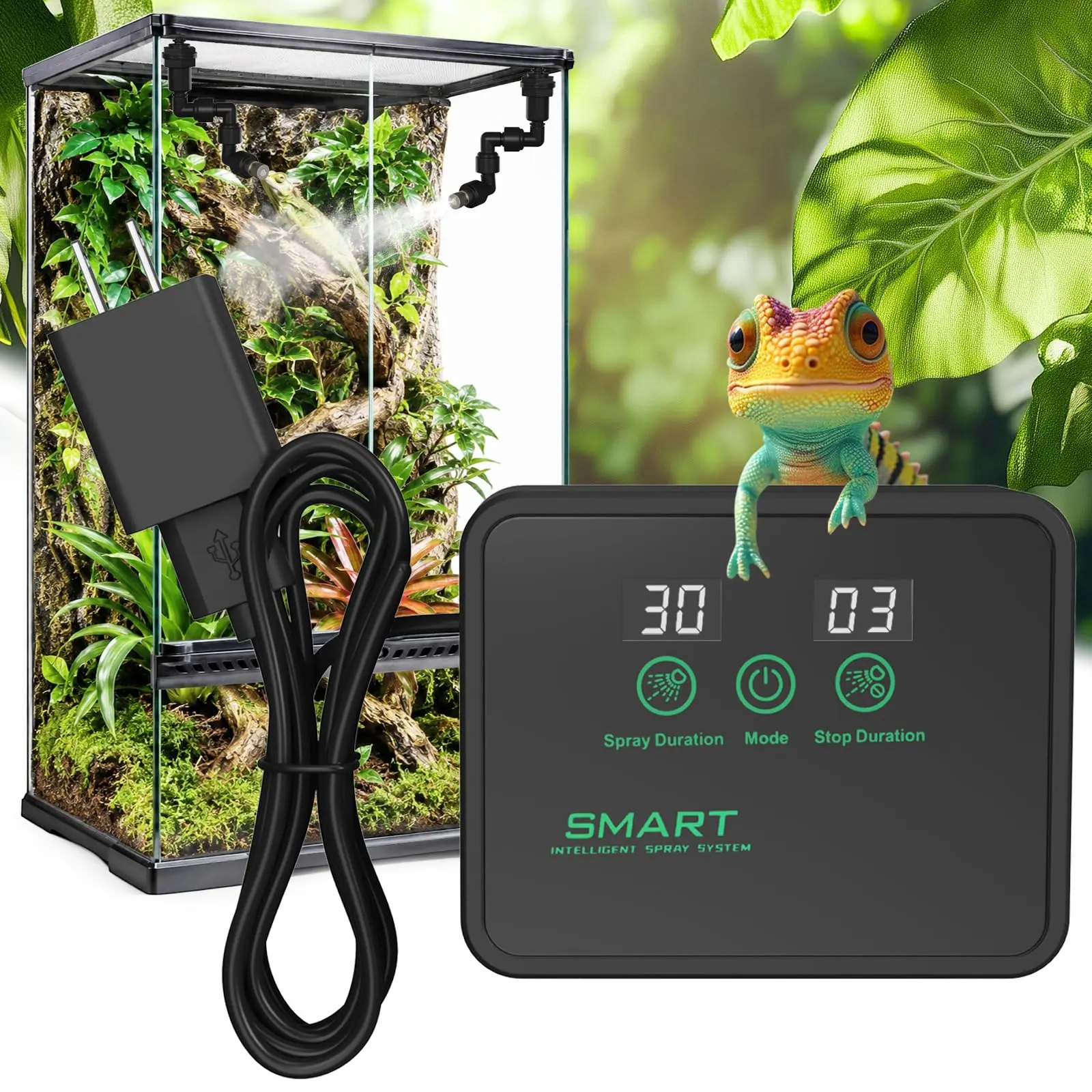 Reptile Mister, Automatic Reptile Misting System with Timer, 360°Adjustable Spray Nozzles, Humidifier for Amphibians Terrariums Rainforest Plants