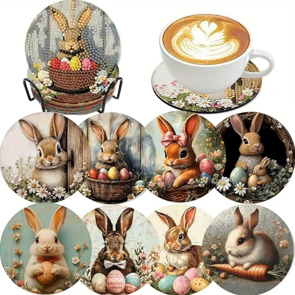 8 pieces/set of diamond art painting coasters with brackets, DIY animal Easter bunny egg pattern diamond art coasters, suitable for adults and beginners diamond painting kits, diamond kit craft supplies, exquisite gifts for friends, Drink Coasters