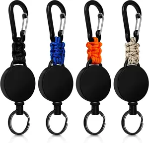 Retractable  4 count Heavy Duty Carabiner Badge Holder Retractable Badge Reel ID Holder Extendable Key Ring Key Holder with 23.6 Steel Cord and Paracord(Black + Beige + Blue + Orange)